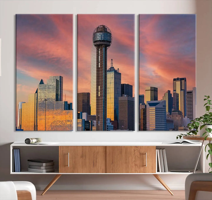 The living room features the Dallas City Tower Sunset Skyline Cityscape View wall art. This triptych canvas print is crafted from museum-quality polycotton with a UV-protective coating, ensuring it remains vibrant and ready to hang.