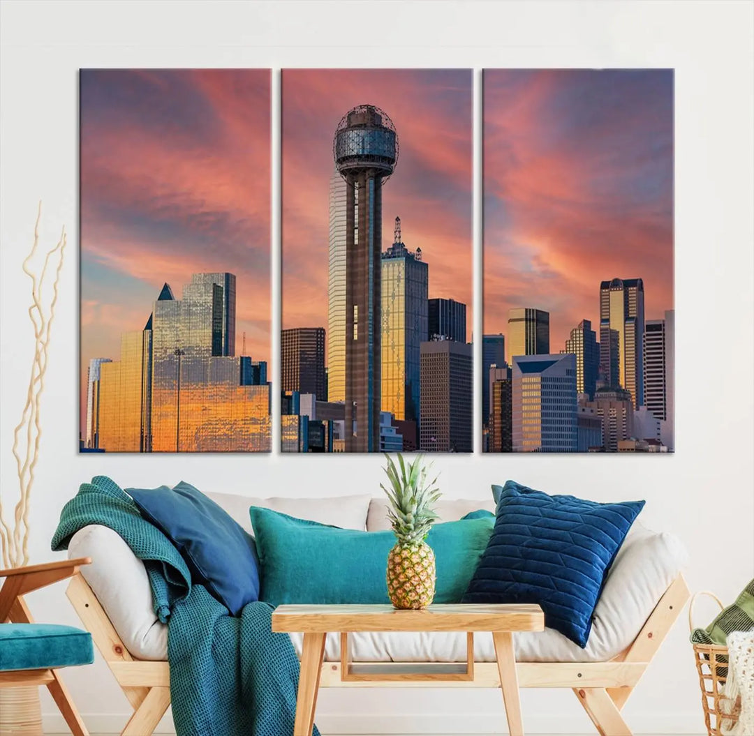 The living room features the Dallas City Tower Sunset Skyline Cityscape View wall art. This triptych canvas print is crafted from museum-quality polycotton with a UV-protective coating, ensuring it remains vibrant and ready to hang.