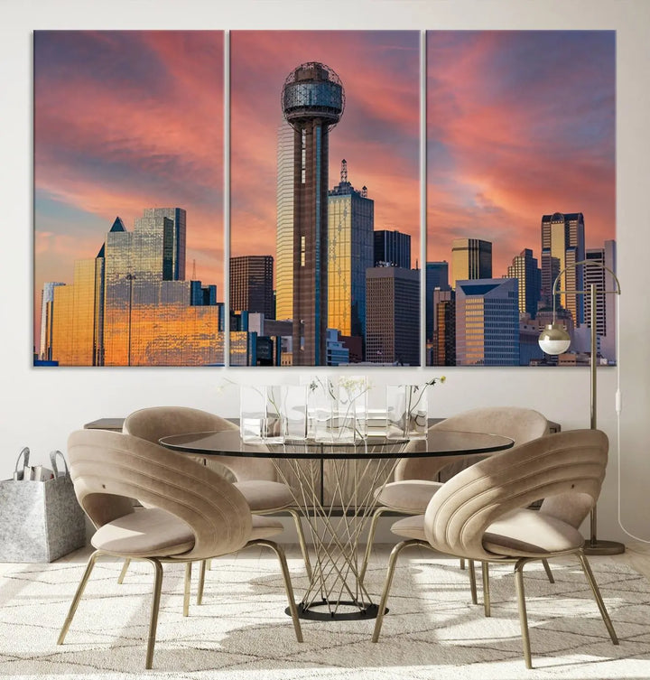 The living room features the Dallas City Tower Sunset Skyline Cityscape View wall art. This triptych canvas print is crafted from museum-quality polycotton with a UV-protective coating, ensuring it remains vibrant and ready to hang.