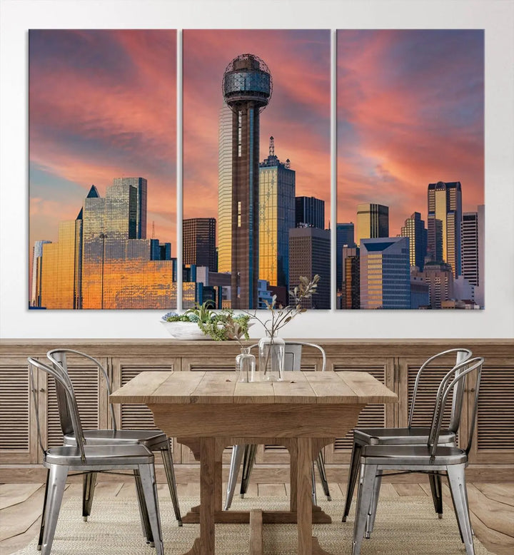 The living room features the Dallas City Tower Sunset Skyline Cityscape View wall art. This triptych canvas print is crafted from museum-quality polycotton with a UV-protective coating, ensuring it remains vibrant and ready to hang.