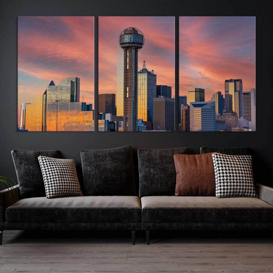 The living room features the Dallas City Tower Sunset Skyline Cityscape View wall art. This triptych canvas print is crafted from museum-quality polycotton with a UV-protective coating, ensuring it remains vibrant and ready to hang.