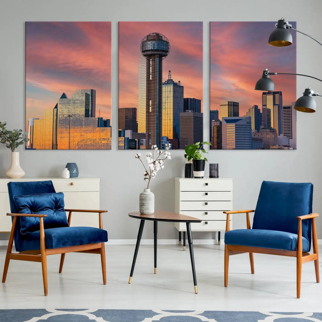 The living room features the Dallas City Tower Sunset Skyline Cityscape View wall art. This triptych canvas print is crafted from museum-quality polycotton with a UV-protective coating, ensuring it remains vibrant and ready to hang.