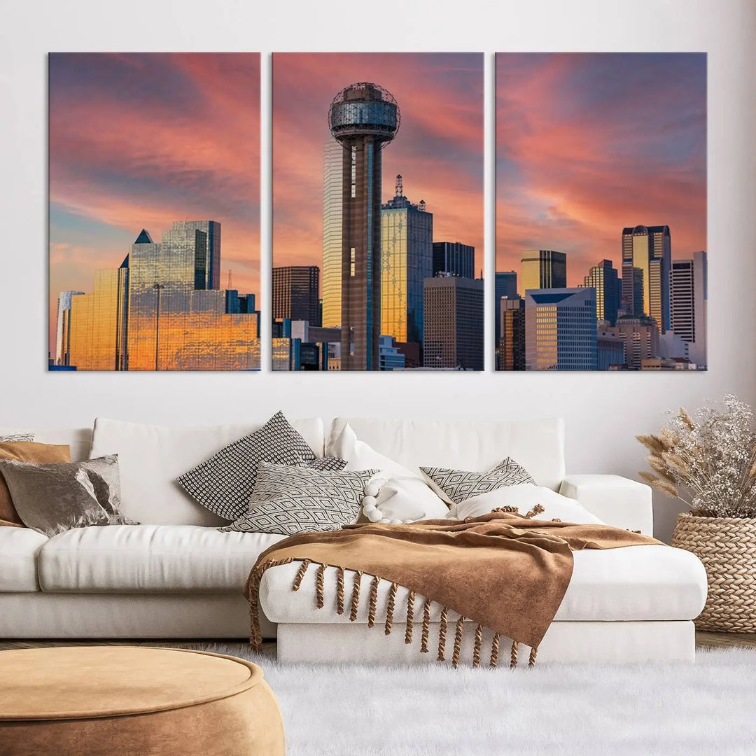 The living room features the Dallas City Tower Sunset Skyline Cityscape View wall art. This triptych canvas print is crafted from museum-quality polycotton with a UV-protective coating, ensuring it remains vibrant and ready to hang.