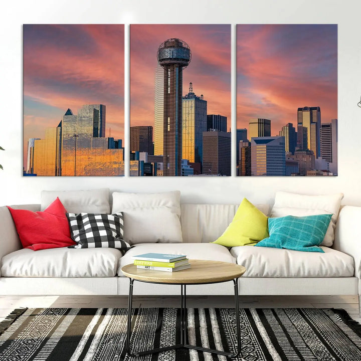 The living room features the Dallas City Tower Sunset Skyline Cityscape View wall art. This triptych canvas print is crafted from museum-quality polycotton with a UV-protective coating, ensuring it remains vibrant and ready to hang.