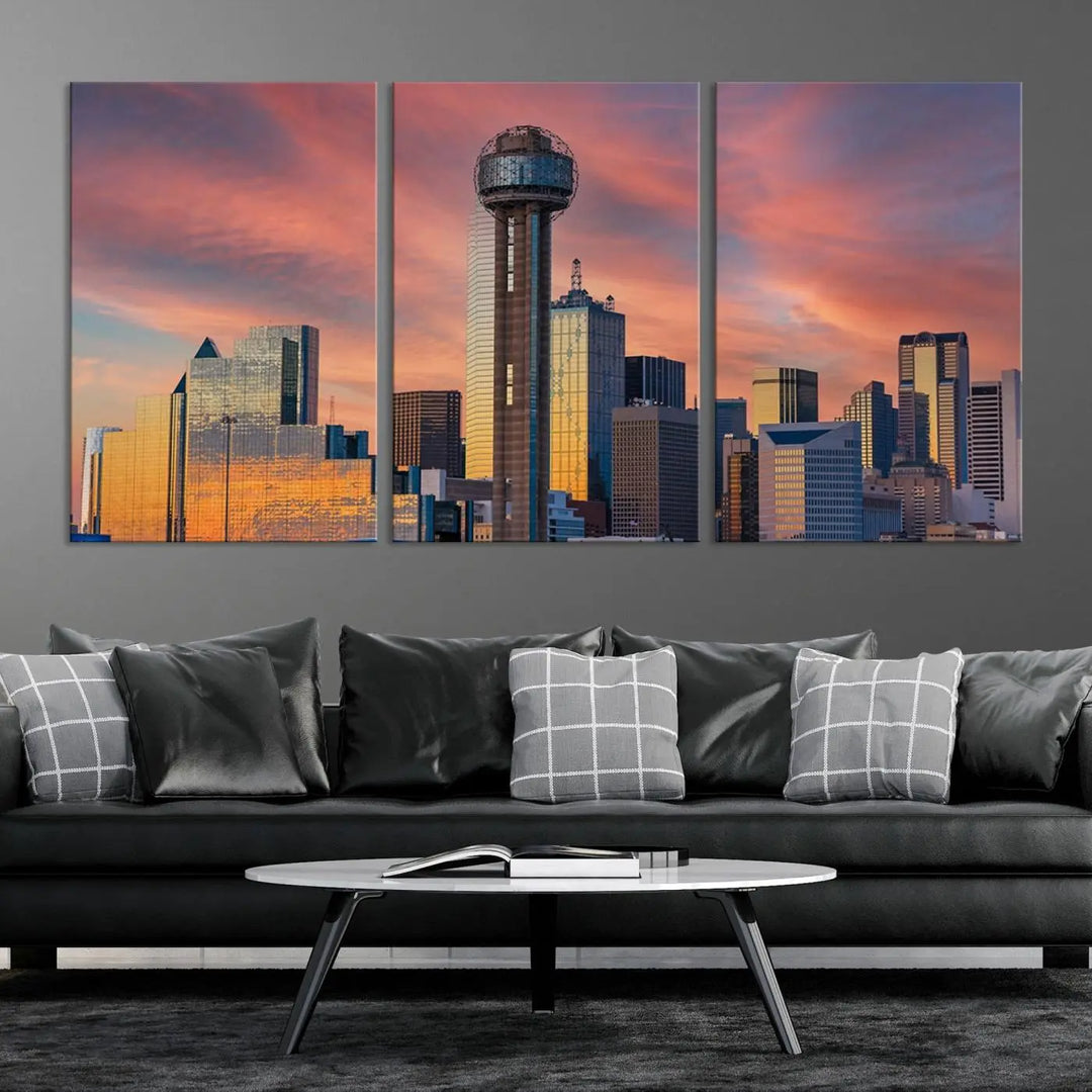 The living room features the Dallas City Tower Sunset Skyline Cityscape View wall art. This triptych canvas print is crafted from museum-quality polycotton with a UV-protective coating, ensuring it remains vibrant and ready to hang.