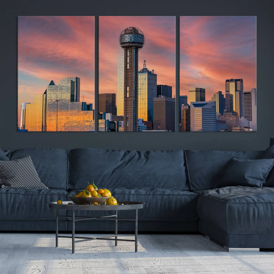 The living room features the Dallas City Tower Sunset Skyline Cityscape View wall art. This triptych canvas print is crafted from museum-quality polycotton with a UV-protective coating, ensuring it remains vibrant and ready to hang.