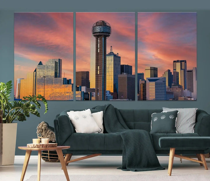 The living room features the Dallas City Tower Sunset Skyline Cityscape View wall art. This triptych canvas print is crafted from museum-quality polycotton with a UV-protective coating, ensuring it remains vibrant and ready to hang.