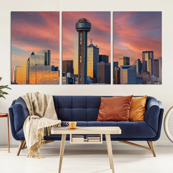 The living room features the Dallas City Tower Sunset Skyline Cityscape View wall art. This triptych canvas print is crafted from museum-quality polycotton with a UV-protective coating, ensuring it remains vibrant and ready to hang.