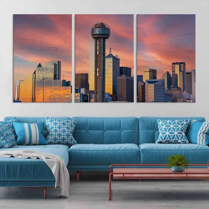 The living room features the Dallas City Tower Sunset Skyline Cityscape View wall art. This triptych canvas print is crafted from museum-quality polycotton with a UV-protective coating, ensuring it remains vibrant and ready to hang.