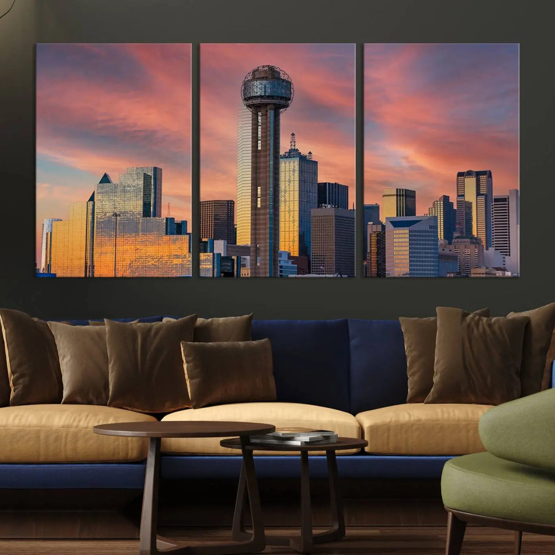 The living room features the Dallas City Tower Sunset Skyline Cityscape View wall art. This triptych canvas print is crafted from museum-quality polycotton with a UV-protective coating, ensuring it remains vibrant and ready to hang.