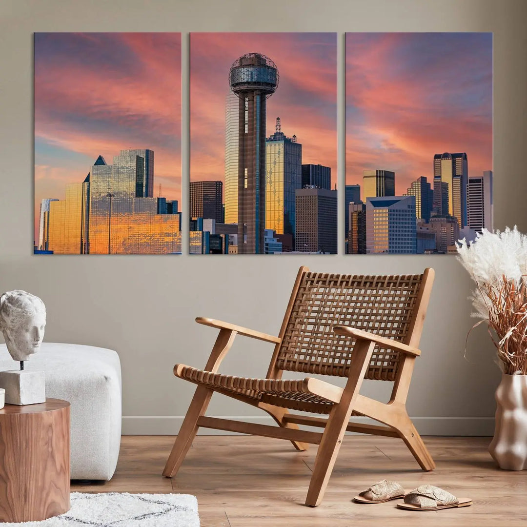 The living room features the Dallas City Tower Sunset Skyline Cityscape View wall art. This triptych canvas print is crafted from museum-quality polycotton with a UV-protective coating, ensuring it remains vibrant and ready to hang.