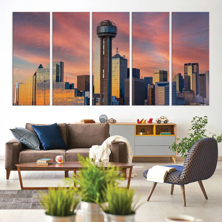 The living room features the Dallas City Tower Sunset Skyline Cityscape View wall art. This triptych canvas print is crafted from museum-quality polycotton with a UV-protective coating, ensuring it remains vibrant and ready to hang.