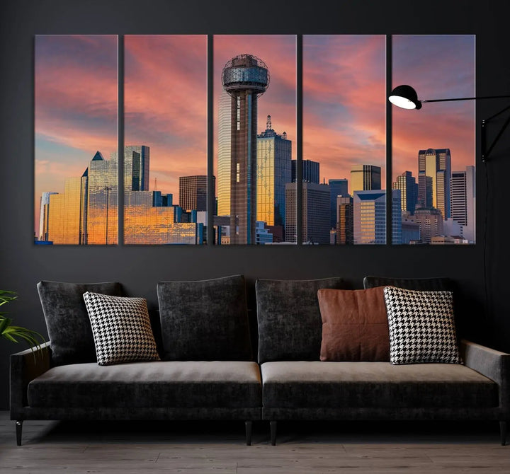 The living room features the Dallas City Tower Sunset Skyline Cityscape View wall art. This triptych canvas print is crafted from museum-quality polycotton with a UV-protective coating, ensuring it remains vibrant and ready to hang.