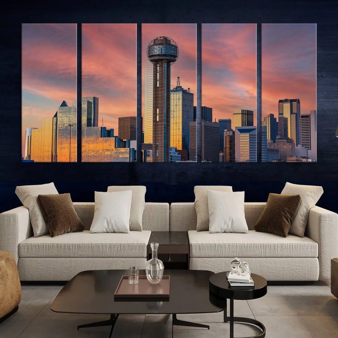 The living room features the Dallas City Tower Sunset Skyline Cityscape View wall art. This triptych canvas print is crafted from museum-quality polycotton with a UV-protective coating, ensuring it remains vibrant and ready to hang.