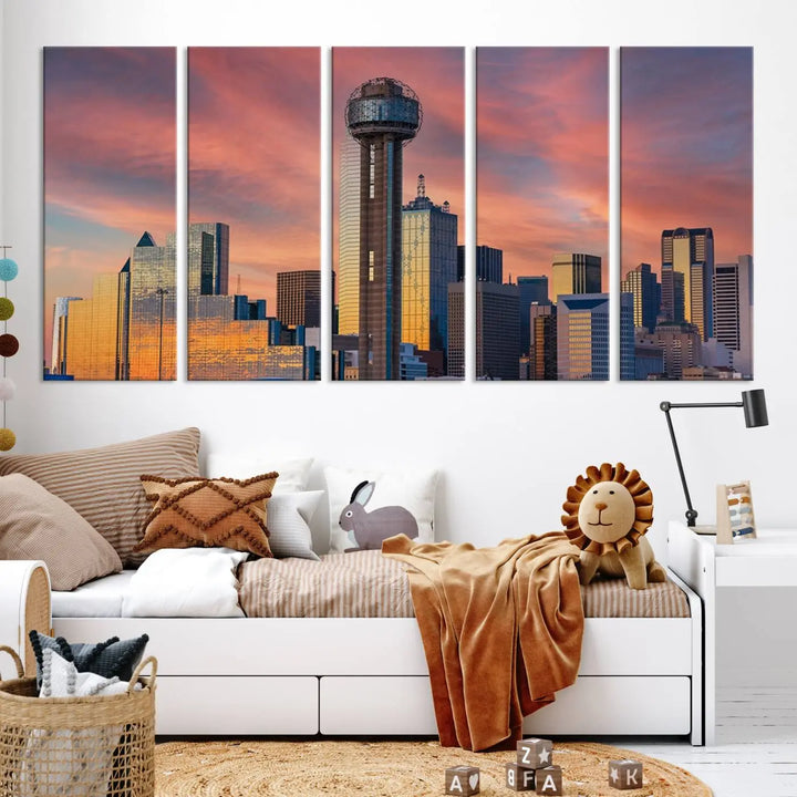 The living room features the Dallas City Tower Sunset Skyline Cityscape View wall art. This triptych canvas print is crafted from museum-quality polycotton with a UV-protective coating, ensuring it remains vibrant and ready to hang.