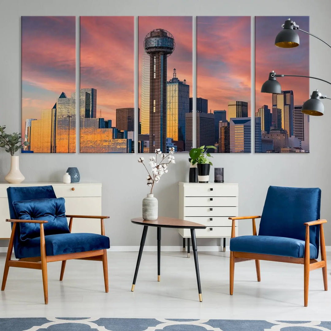 The living room features the Dallas City Tower Sunset Skyline Cityscape View wall art. This triptych canvas print is crafted from museum-quality polycotton with a UV-protective coating, ensuring it remains vibrant and ready to hang.