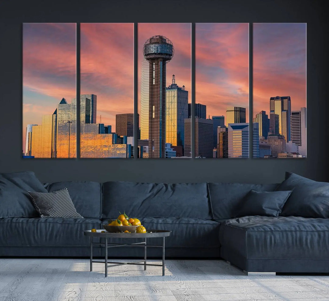 The living room features the Dallas City Tower Sunset Skyline Cityscape View wall art. This triptych canvas print is crafted from museum-quality polycotton with a UV-protective coating, ensuring it remains vibrant and ready to hang.