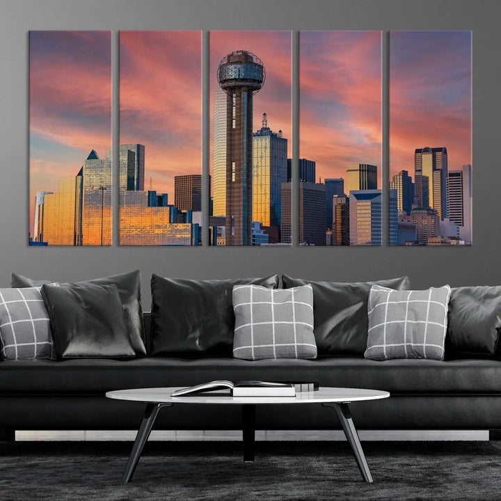 The living room features the Dallas City Tower Sunset Skyline Cityscape View wall art. This triptych canvas print is crafted from museum-quality polycotton with a UV-protective coating, ensuring it remains vibrant and ready to hang.