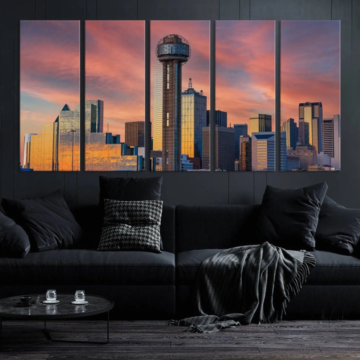 The living room features the Dallas City Tower Sunset Skyline Cityscape View wall art. This triptych canvas print is crafted from museum-quality polycotton with a UV-protective coating, ensuring it remains vibrant and ready to hang.