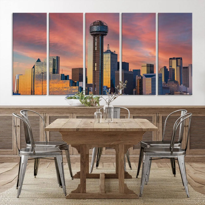 The living room features the Dallas City Tower Sunset Skyline Cityscape View wall art. This triptych canvas print is crafted from museum-quality polycotton with a UV-protective coating, ensuring it remains vibrant and ready to hang.