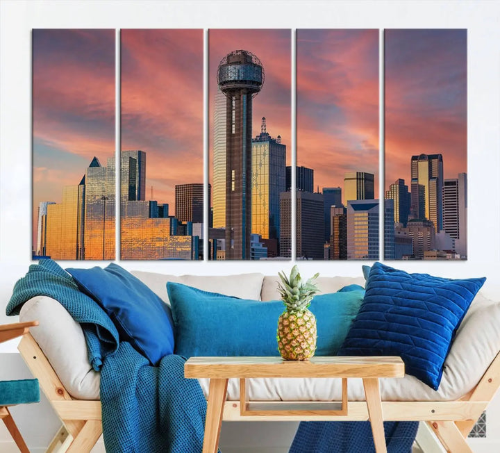 The living room features the Dallas City Tower Sunset Skyline Cityscape View wall art. This triptych canvas print is crafted from museum-quality polycotton with a UV-protective coating, ensuring it remains vibrant and ready to hang.