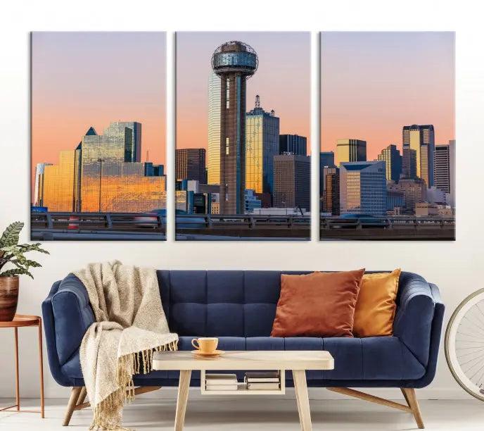 The modern living room features the Dallas City Wall Art Canvas Print—a three-panel cityscape at sunset on museum-quality canvas, ready to hang.