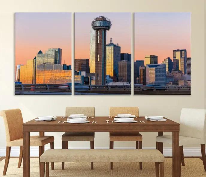 The modern living room features the Dallas City Wall Art Canvas Print—a three-panel cityscape at sunset on museum-quality canvas, ready to hang.