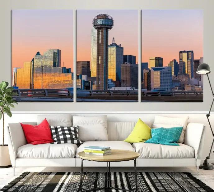 The modern living room features the Dallas City Wall Art Canvas Print—a three-panel cityscape at sunset on museum-quality canvas, ready to hang.