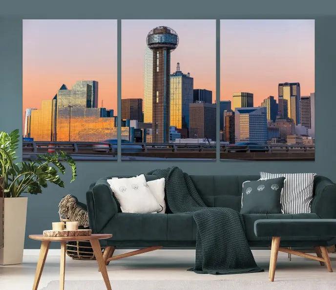 The modern living room features the Dallas City Wall Art Canvas Print—a three-panel cityscape at sunset on museum-quality canvas, ready to hang.