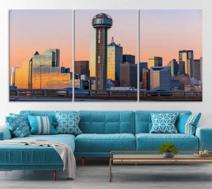 The modern living room features the Dallas City Wall Art Canvas Print—a three-panel cityscape at sunset on museum-quality canvas, ready to hang.