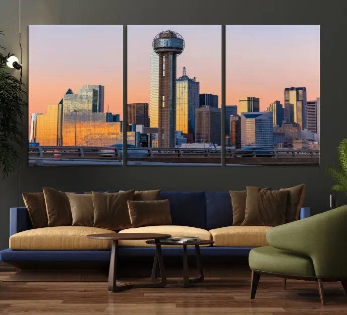 The modern living room features the Dallas City Wall Art Canvas Print—a three-panel cityscape at sunset on museum-quality canvas, ready to hang.