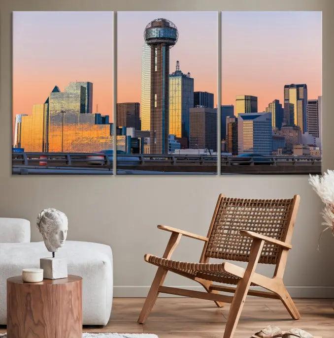 The modern living room features the Dallas City Wall Art Canvas Print—a three-panel cityscape at sunset on museum-quality canvas, ready to hang.