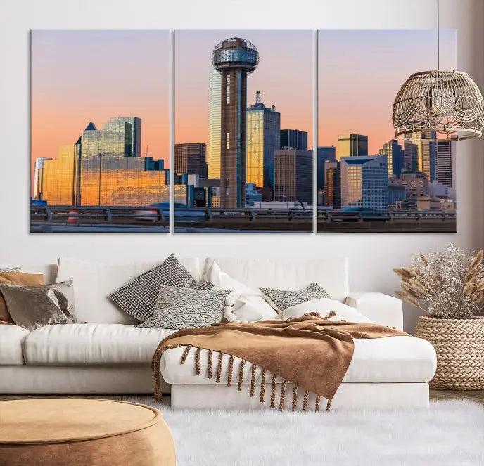 The modern living room features the Dallas City Wall Art Canvas Print—a three-panel cityscape at sunset on museum-quality canvas, ready to hang.