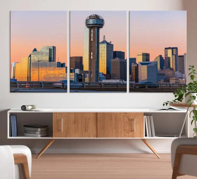 The modern living room features the Dallas City Wall Art Canvas Print—a three-panel cityscape at sunset on museum-quality canvas, ready to hang.