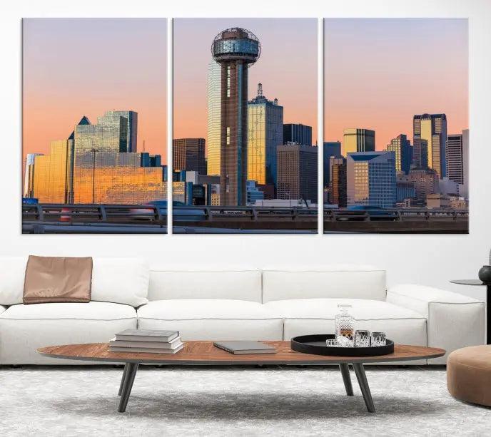 The modern living room features the Dallas City Wall Art Canvas Print—a three-panel cityscape at sunset on museum-quality canvas, ready to hang.