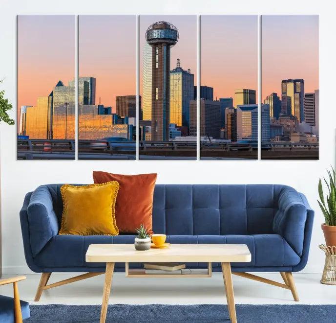 The modern living room features the Dallas City Wall Art Canvas Print—a three-panel cityscape at sunset on museum-quality canvas, ready to hang.