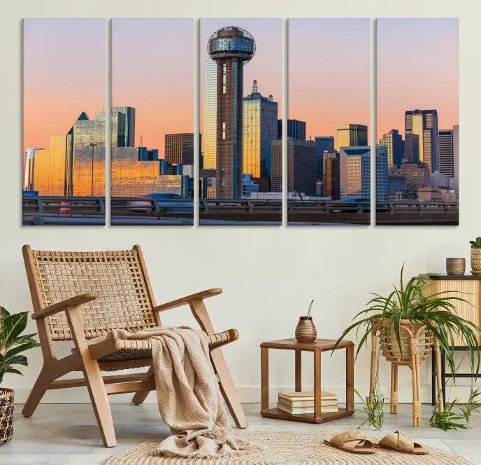 The modern living room features the Dallas City Wall Art Canvas Print—a three-panel cityscape at sunset on museum-quality canvas, ready to hang.