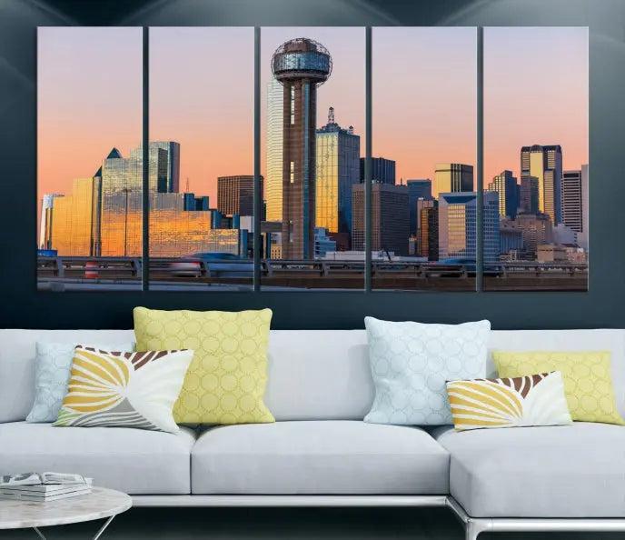 The modern living room features the Dallas City Wall Art Canvas Print—a three-panel cityscape at sunset on museum-quality canvas, ready to hang.