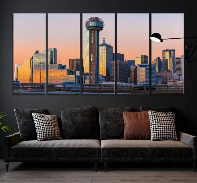 The modern living room features the Dallas City Wall Art Canvas Print—a three-panel cityscape at sunset on museum-quality canvas, ready to hang.