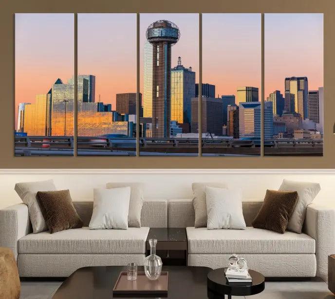 The modern living room features the Dallas City Wall Art Canvas Print—a three-panel cityscape at sunset on museum-quality canvas, ready to hang.