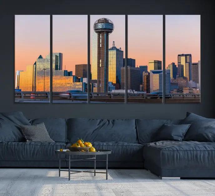 The modern living room features the Dallas City Wall Art Canvas Print—a three-panel cityscape at sunset on museum-quality canvas, ready to hang.