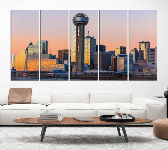 The modern living room features the Dallas City Wall Art Canvas Print—a three-panel cityscape at sunset on museum-quality canvas, ready to hang.