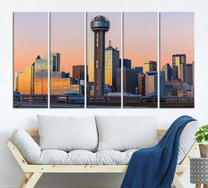 The modern living room features the Dallas City Wall Art Canvas Print—a three-panel cityscape at sunset on museum-quality canvas, ready to hang.