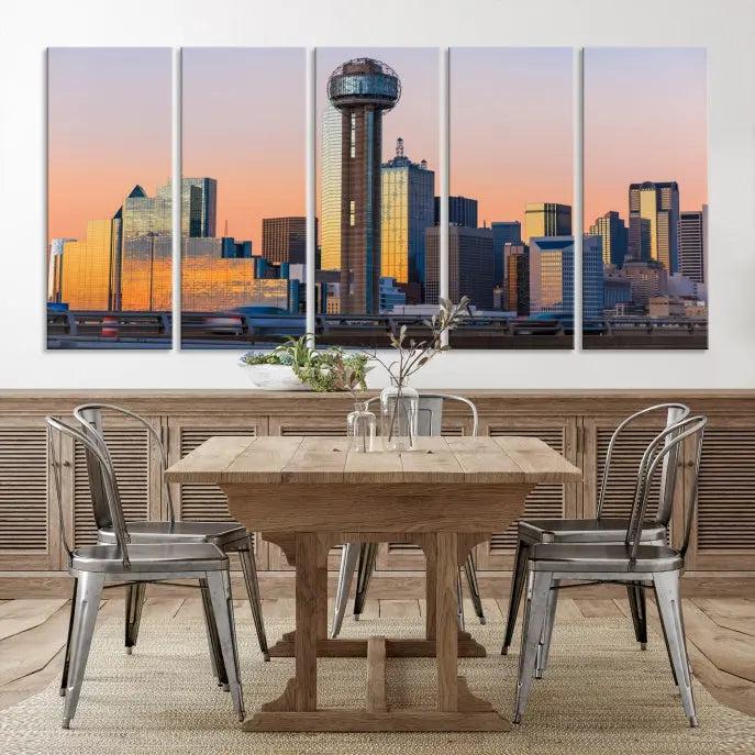 The modern living room features the Dallas City Wall Art Canvas Print—a three-panel cityscape at sunset on museum-quality canvas, ready to hang.