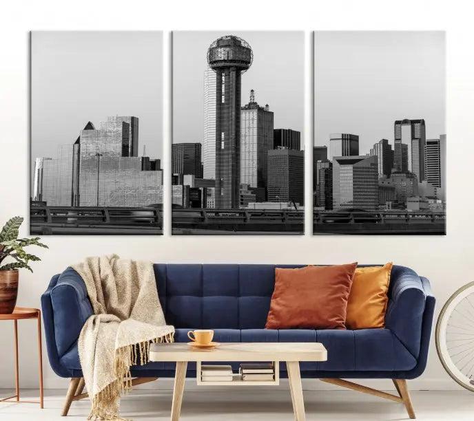 The living room is adorned with museum-quality canvases of the Dallas City Wall Art Canvas Print, featuring a black and white skyline triptych on the wall.