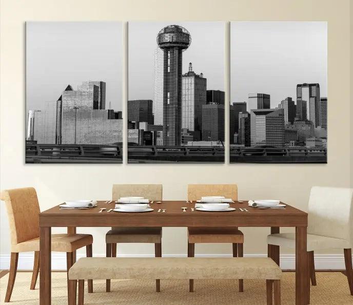 The living room is adorned with museum-quality canvases of the Dallas City Wall Art Canvas Print, featuring a black and white skyline triptych on the wall.