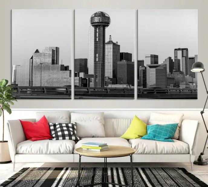 The living room is adorned with museum-quality canvases of the Dallas City Wall Art Canvas Print, featuring a black and white skyline triptych on the wall.