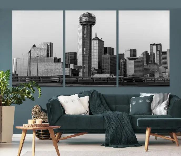 The living room is adorned with museum-quality canvases of the Dallas City Wall Art Canvas Print, featuring a black and white skyline triptych on the wall.