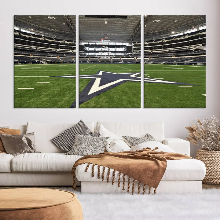 The Dallas Cowboys Football Team Print - Arlington AT&T Stadium Wall Art Canvas Print is displayed on premium canvas, adding a stylish touch to the living room.