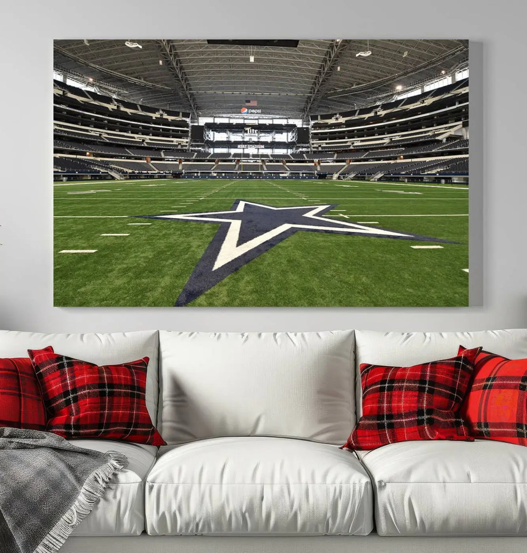 The Dallas Cowboys Football Team Print - Arlington AT&T Stadium Wall Art Canvas Print is displayed on premium canvas, adding a stylish touch to the living room.